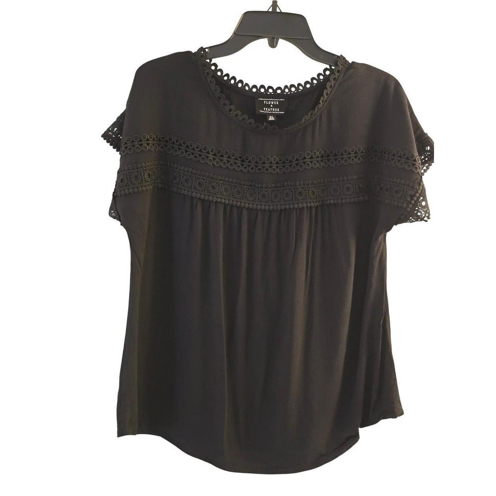 Flower & Feather Black Crochet Lace Trim Whimsy Goth Blouse XL